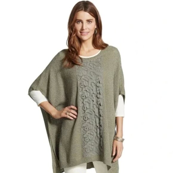 NWT Chico's Lucy Lace Body Poncho Sweater Green Gold Metallic Open Front L/XL - Picture 1 of 13